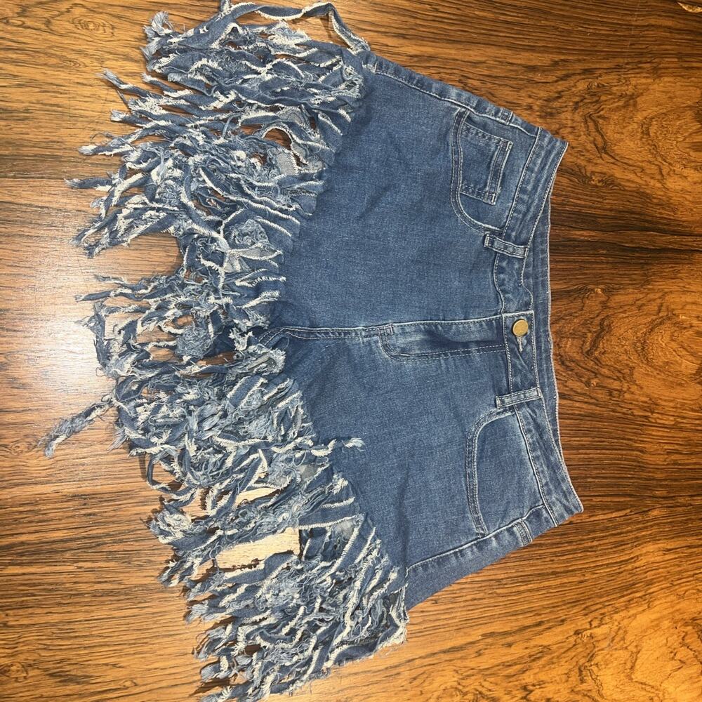 Women's Blue Denim Fringe Cut Off Shorts with Pockets Large